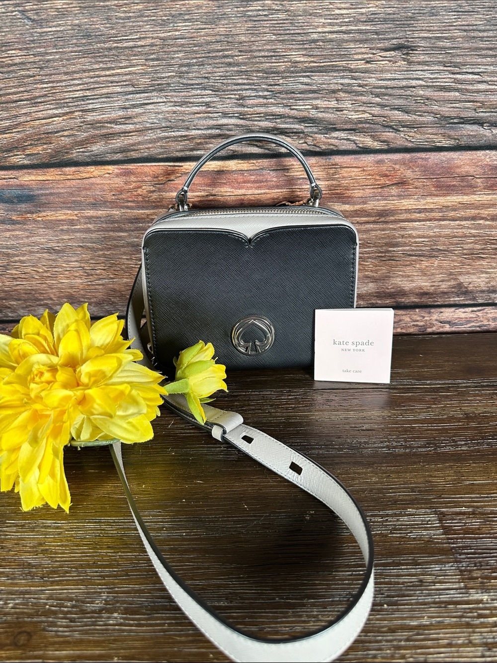 Kate Spade New York Vanity Mini Top Handle Bag in black and grey color block!